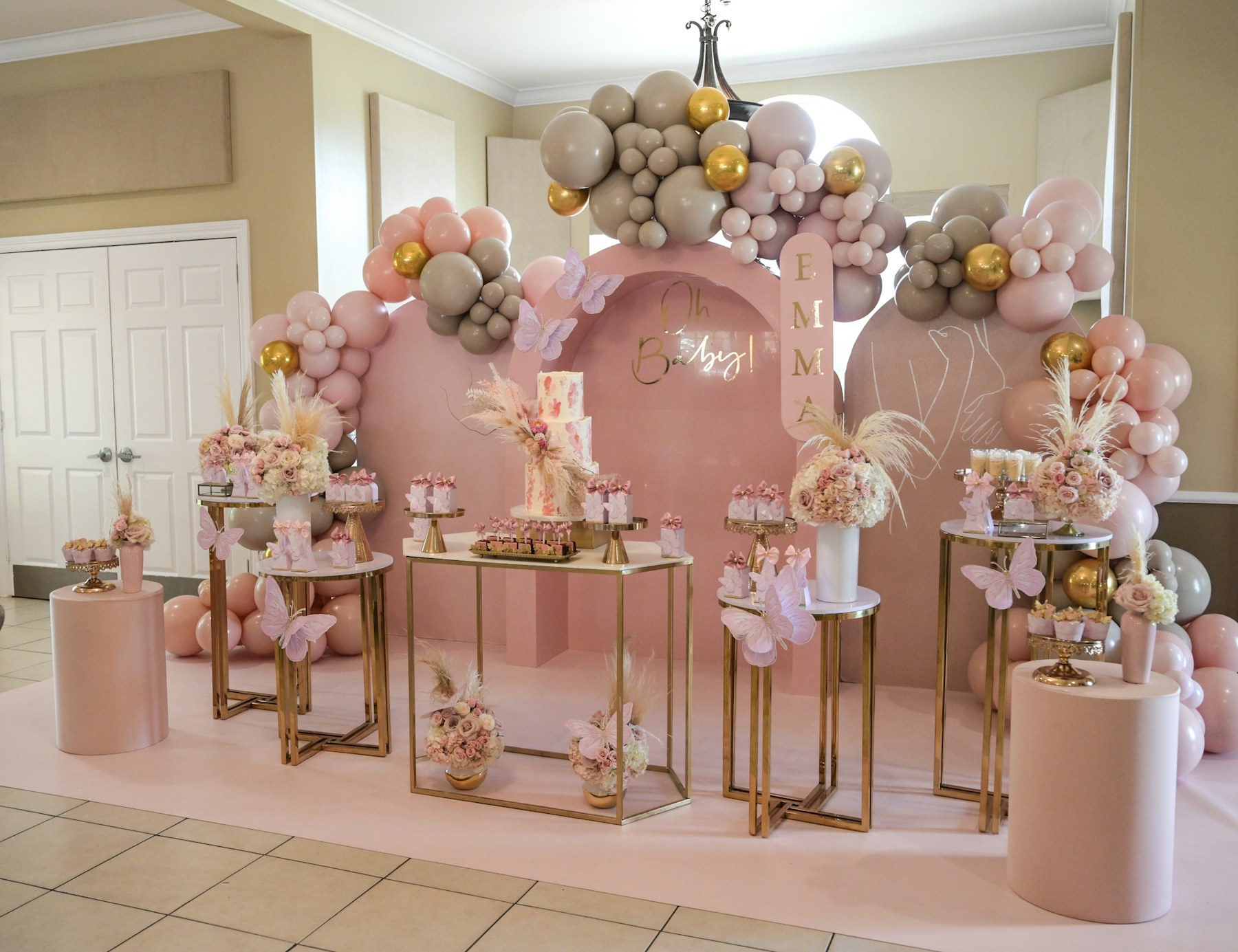 Birthday party balloon and dessert table styling